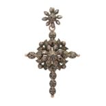 Kreuzanhänger um 1800mit flachen Diamantrosen, Aufhängung mit 1 Glasstein, in Silber, Rückseite