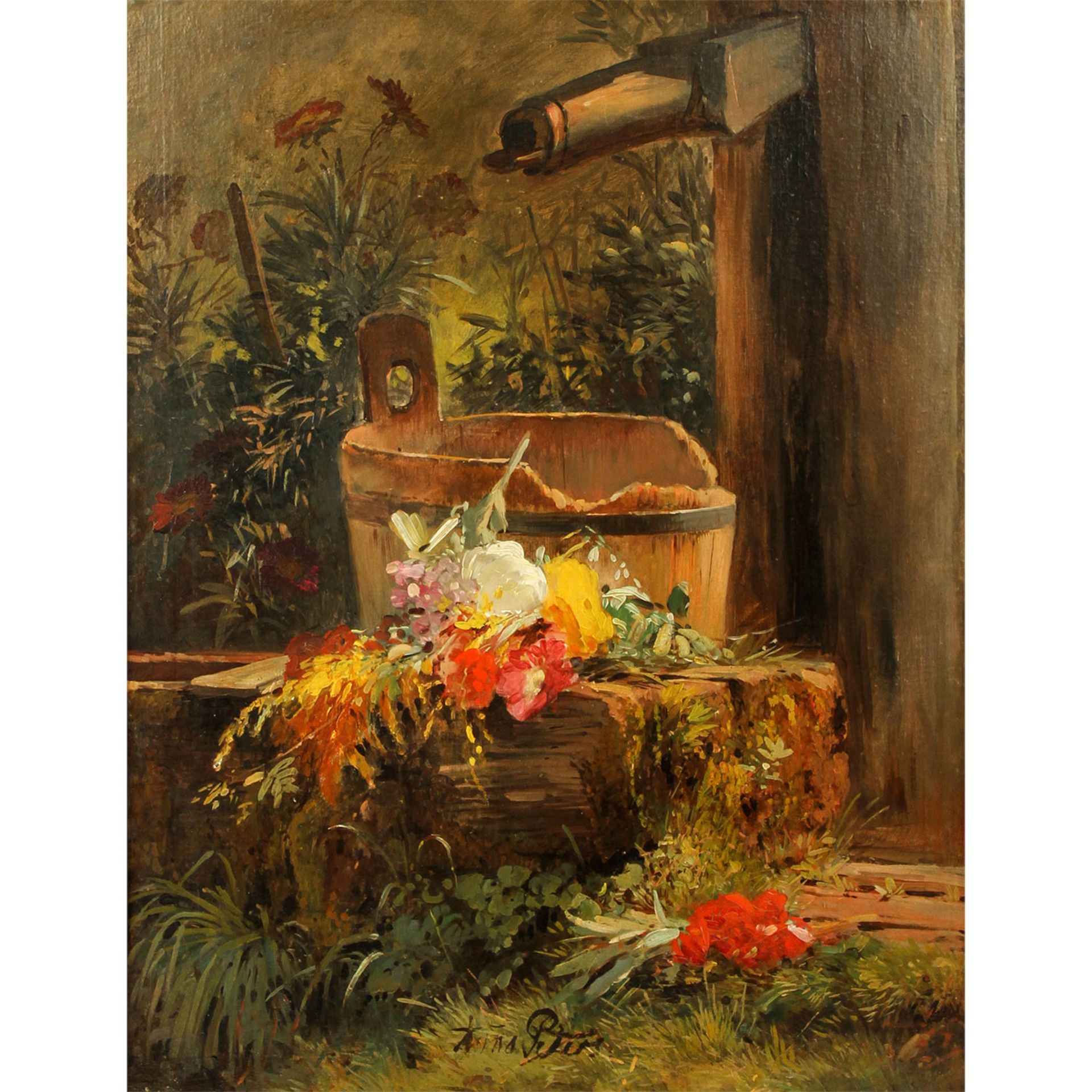 PETERS, ANNA (Mannheim 1843 - 1926 Stuttgart), "Blumen am Gartenbrunnen",Sommerblumen auf einer