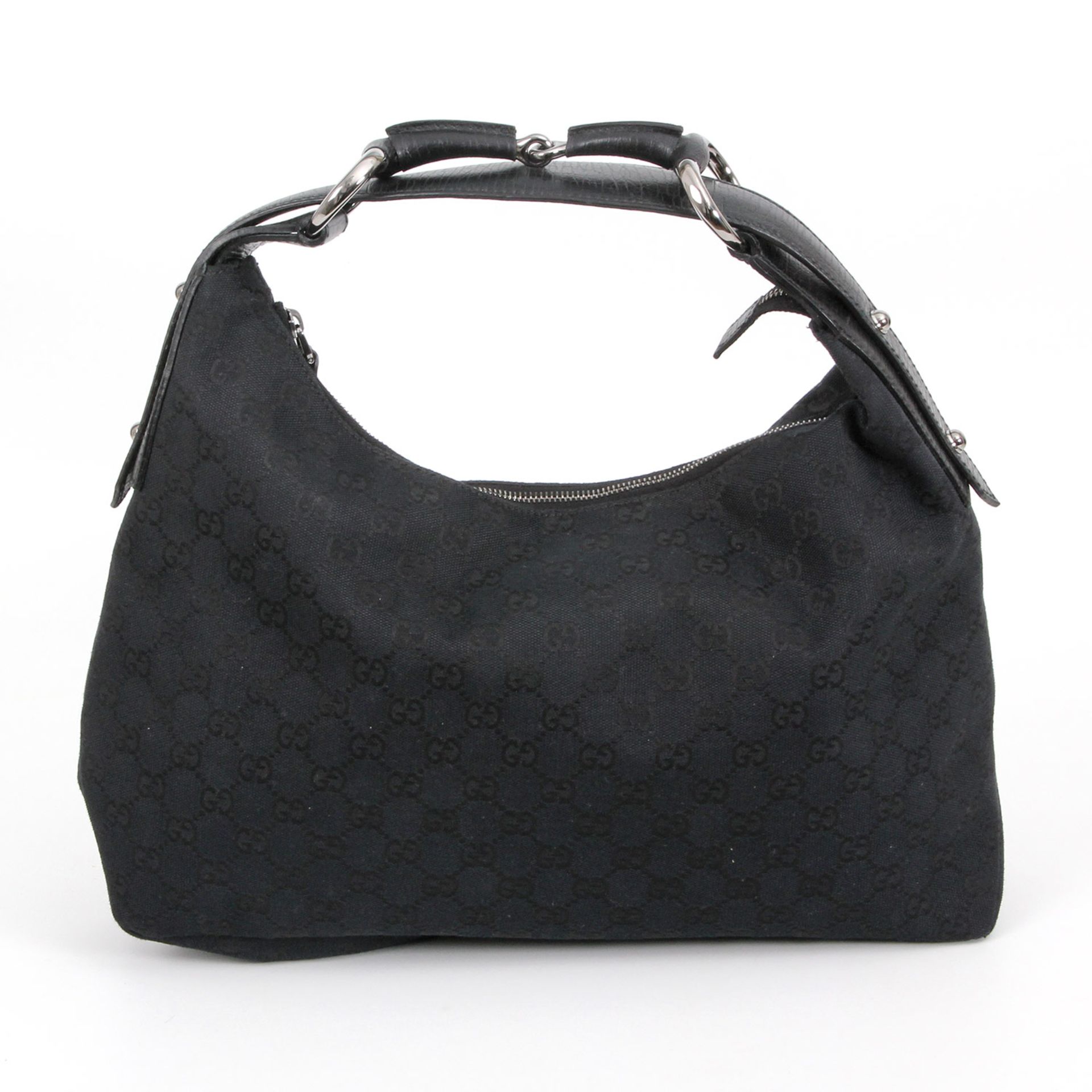 GUCCI zeitlose Handtasche. Schwarzfarbenes Textil mit Guccissima-Muster, silberfarbene Hardware,