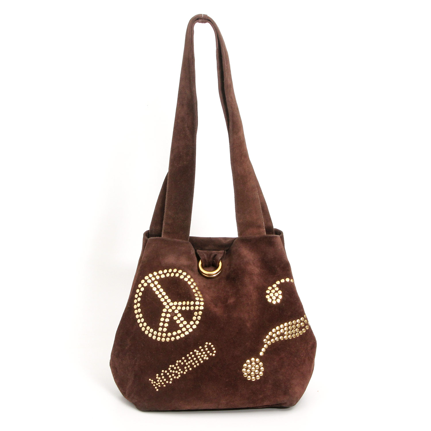 MOSCHINO VINTAGE legere Wildleder Beuteltasche. Dunkelbraunes Wildleder mit goldfarbenen