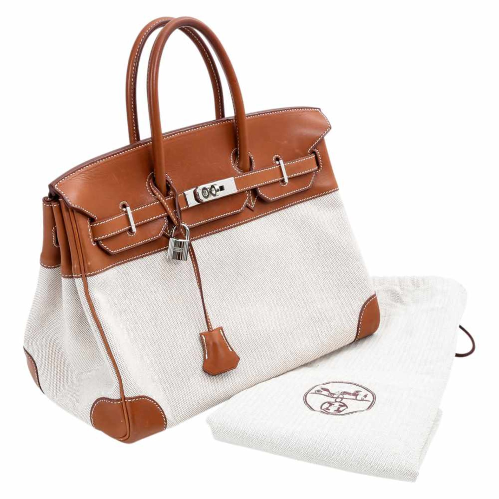 HERMÈS sportive It-Bag "BIRKIN 35", Koll. 2007. Barenia Leder in Cognac, naturbelassenes Canvas, - Bild 5 aus 5