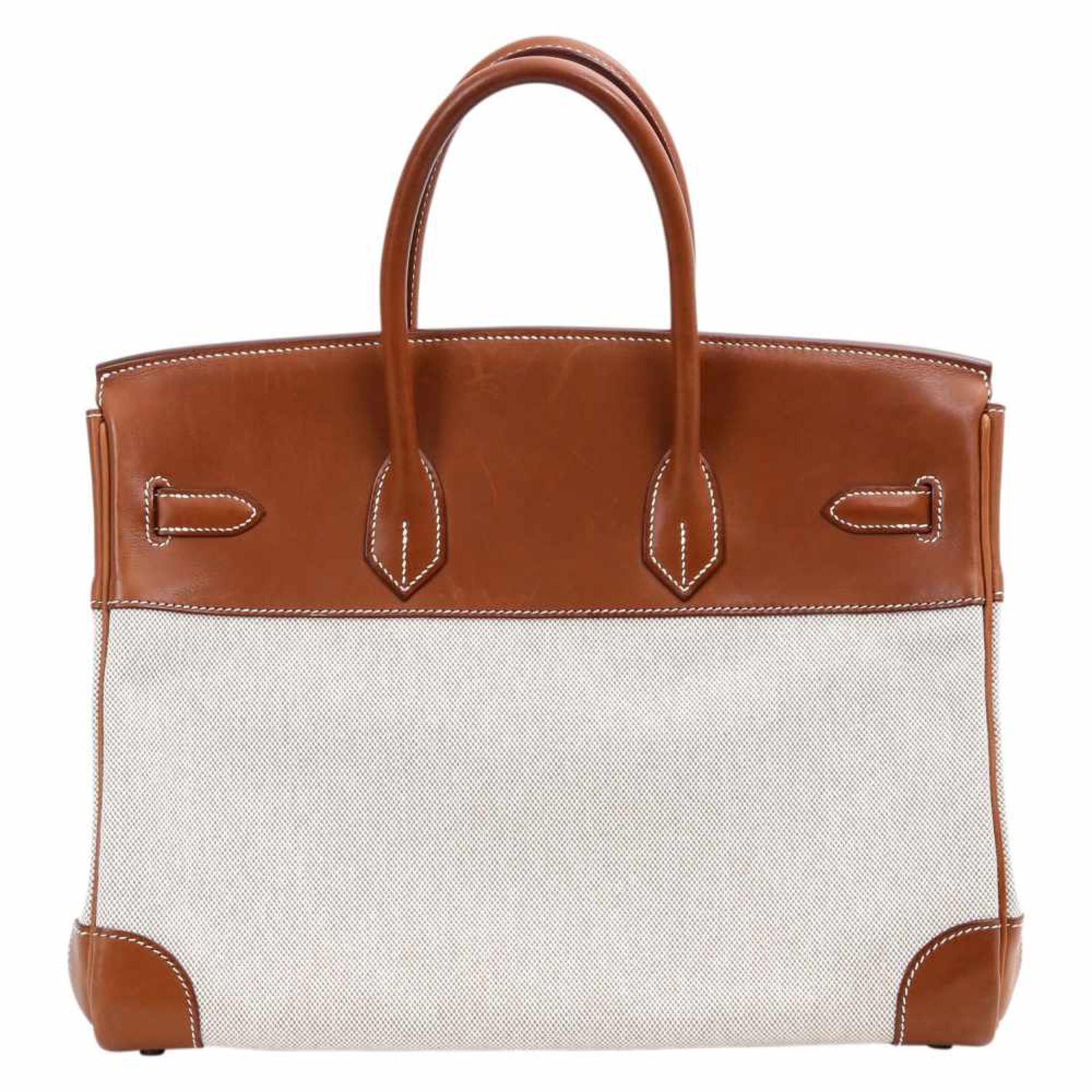 HERMÈS sportive It-Bag "BIRKIN 35", Koll. 2007. Barenia Leder in Cognac, naturbelassenes Canvas, - Bild 4 aus 5