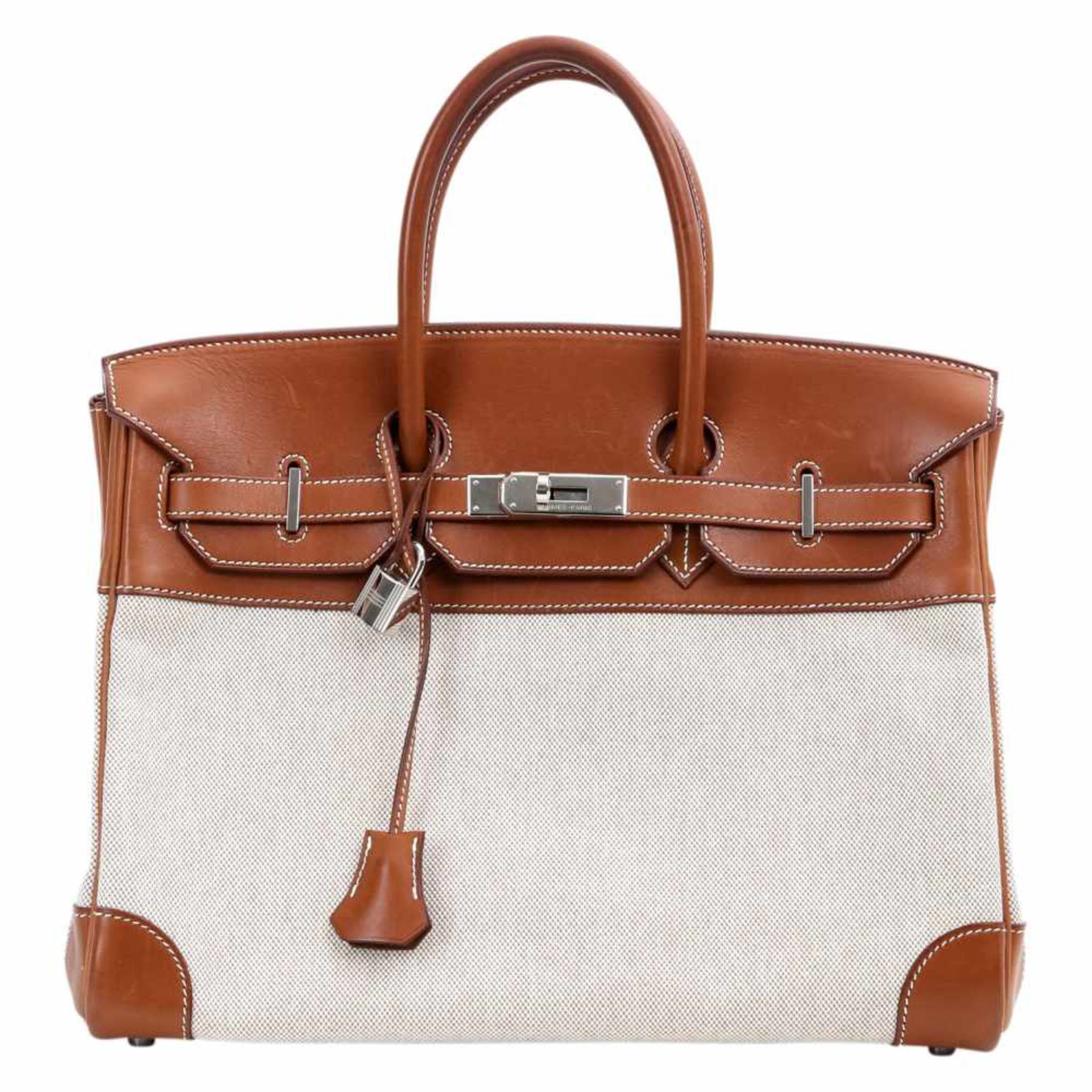 HERMÈS sportive It-Bag "BIRKIN 35", Koll. 2007. Barenia Leder in Cognac, naturbelassenes Canvas,