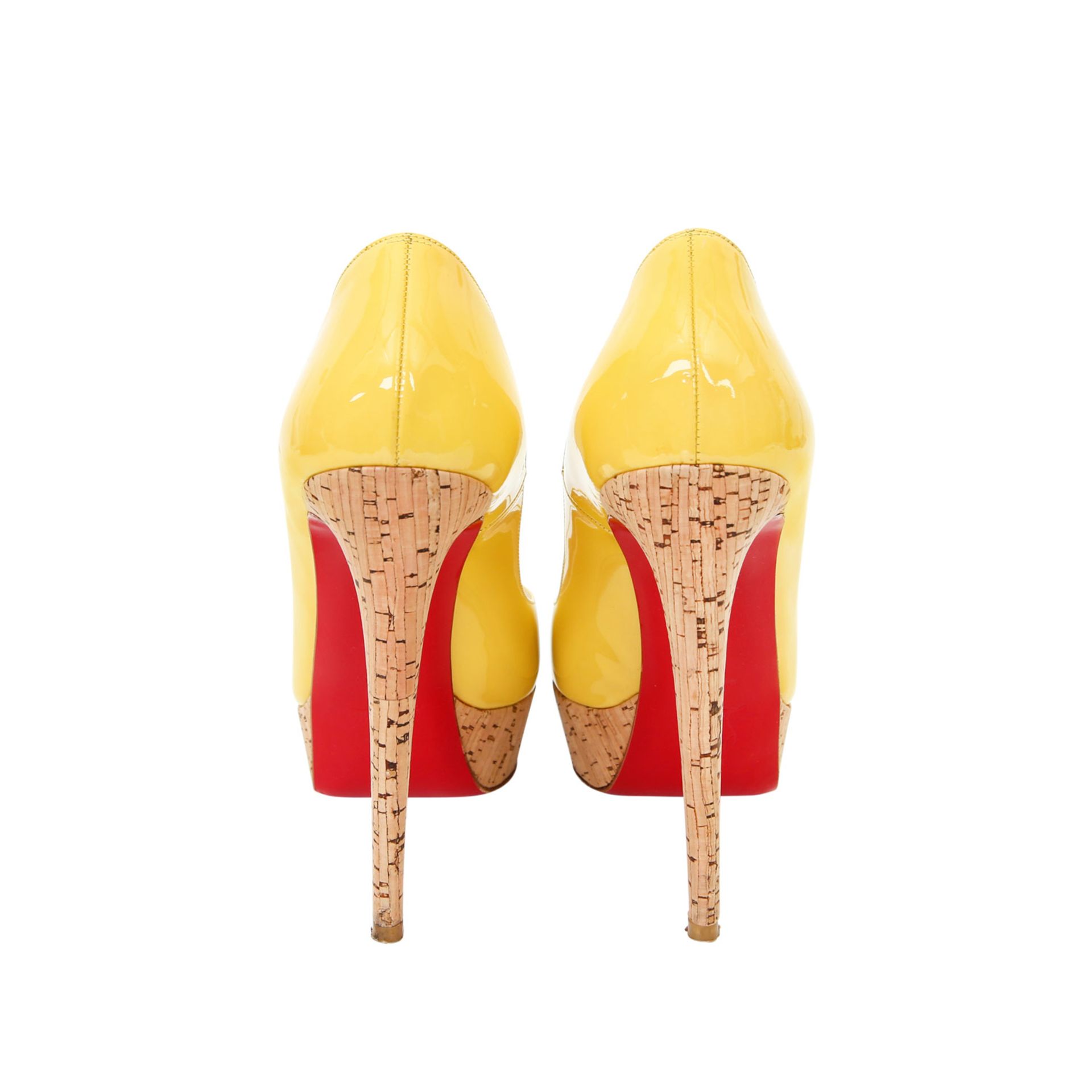 CHRISTIAN LOUBOUTIN Peep Toes, Gr. 39. Gelbes Lackleder, Plateausohle aus Kork, Pfennigabsatz, - Bild 4 aus 5