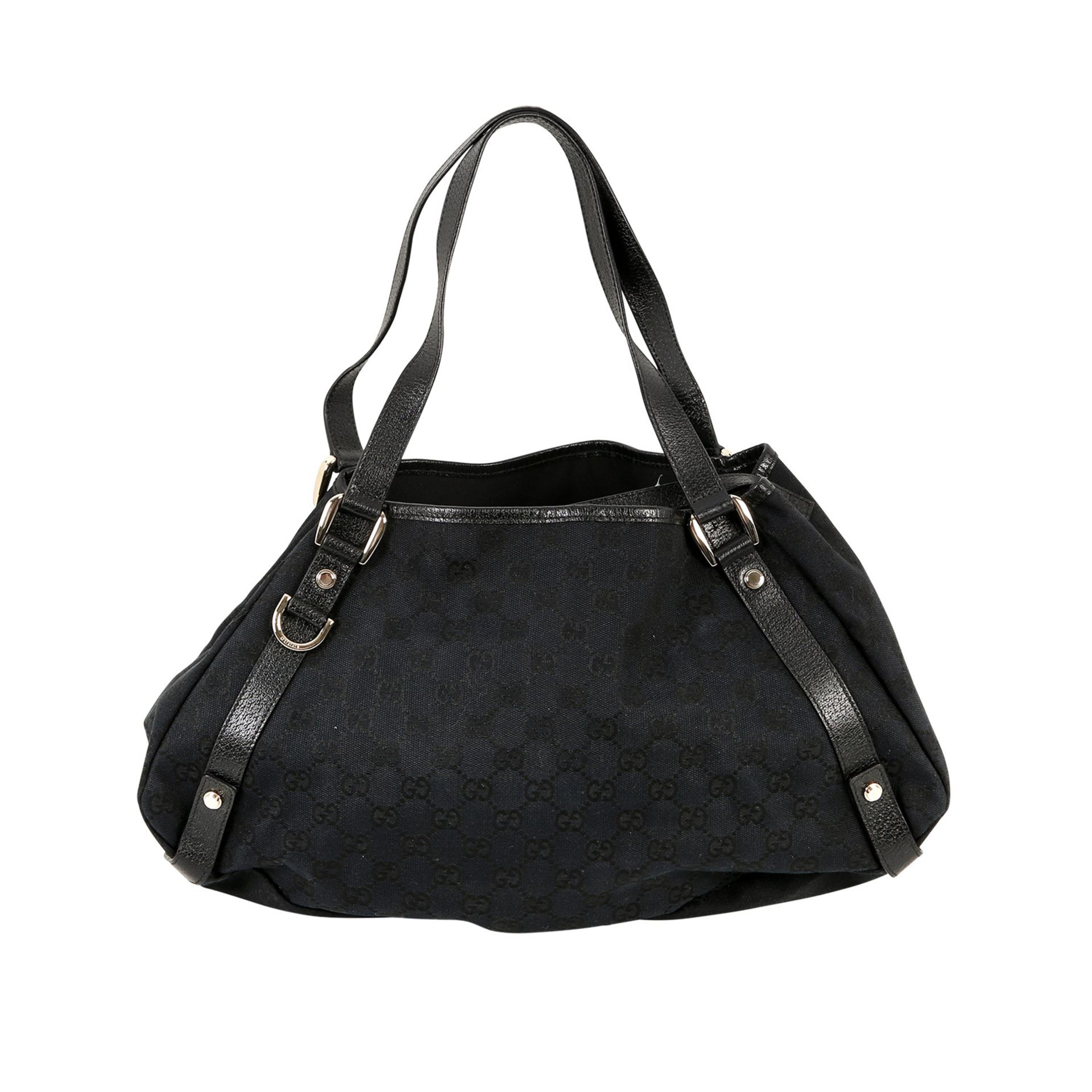 GUCCI Schulterasche. Guccissima-Muster in Schwarz, silberfarbene Hardware, Details und