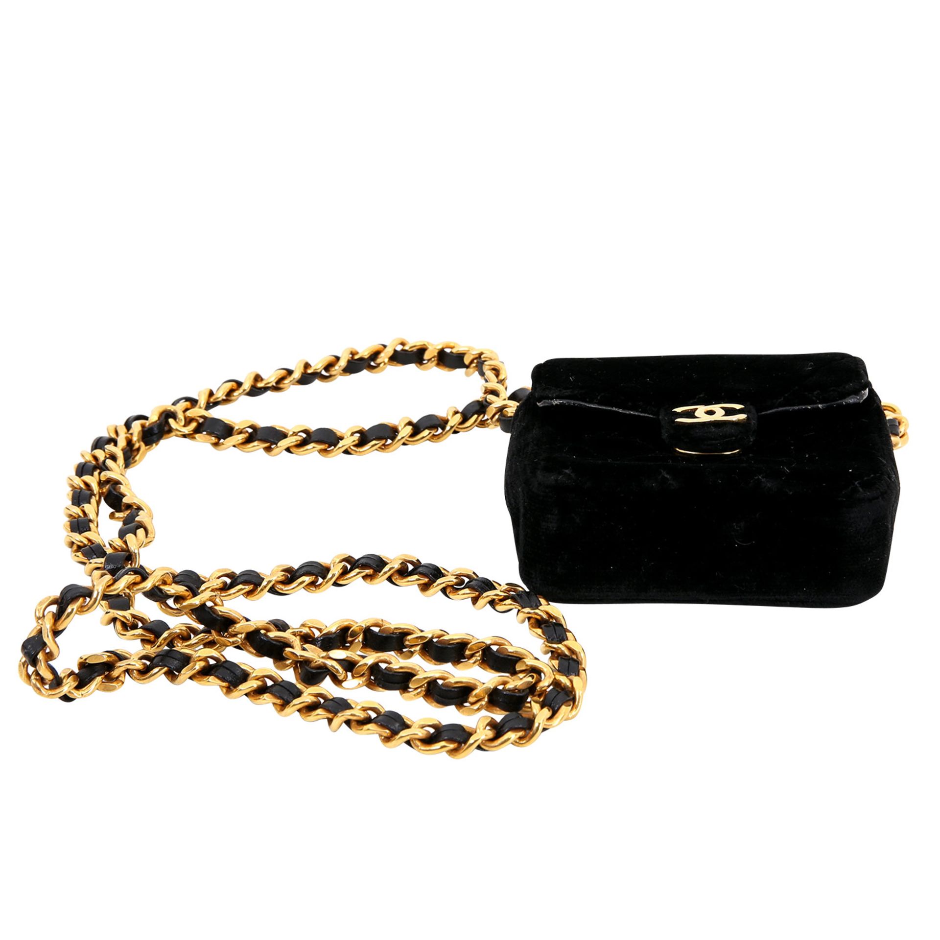 CHANEL VINTAGE Umhängetasche "MINI FLAP BAG", Koll. 1989 bis 1991. Schwarzes Samt, Rautensteppung, - Bild 5 aus 6