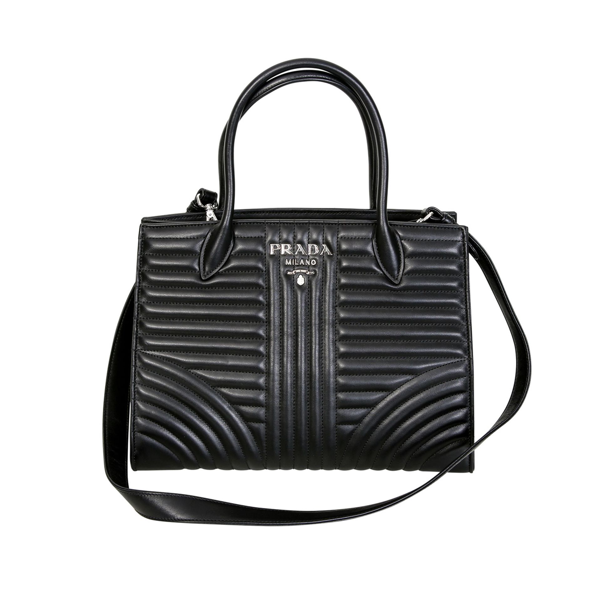 PRADA Henkeltasche "DIAGRAMME TOTE", akt.NP.: 1.500,-€. Modell aus schwarzem Leder mit 3-D-