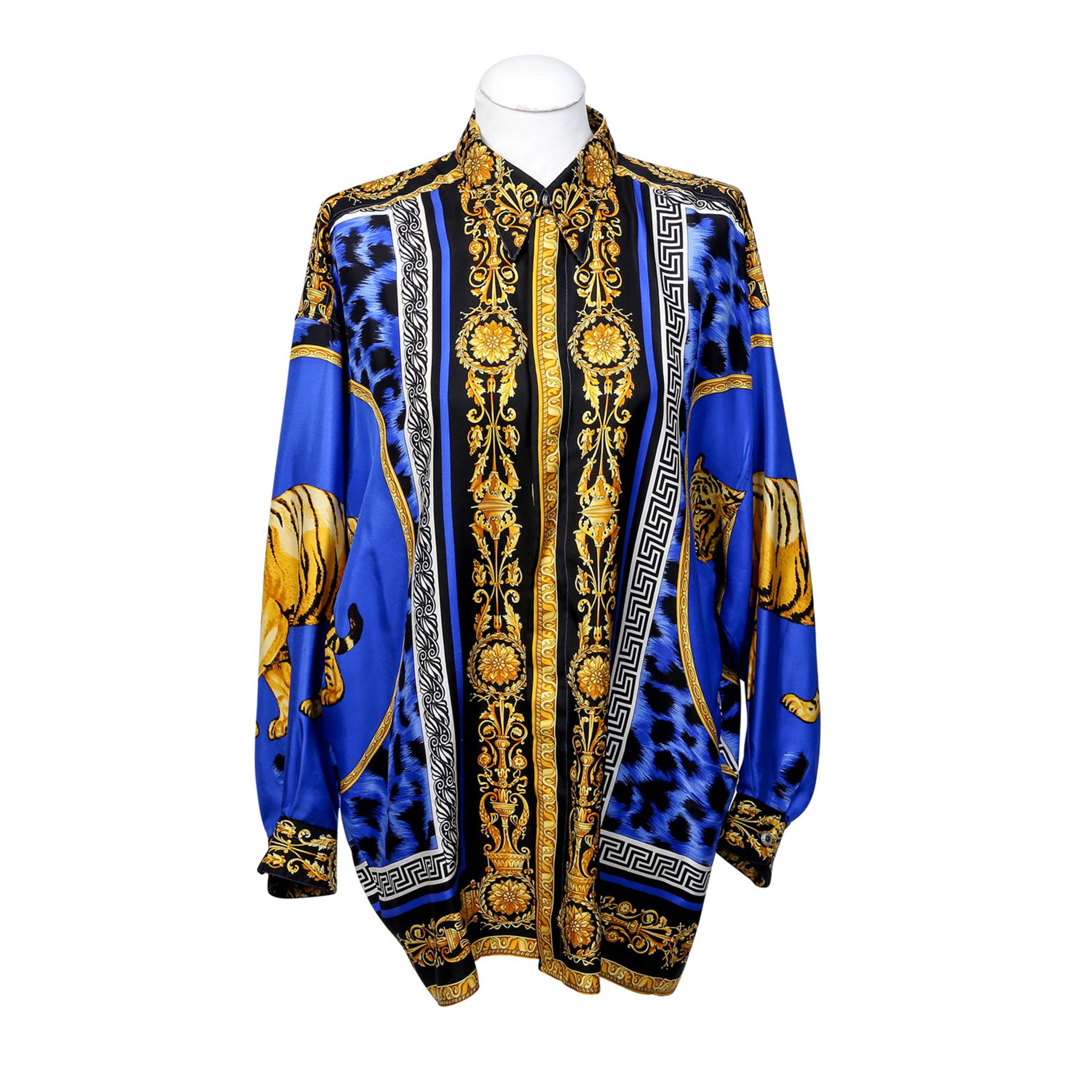 VERSACE CLASSIC V2 VINTAGE Seidenhemd, Gr. L. Blauer Grund mit dekorativen Details in Gold-/ und