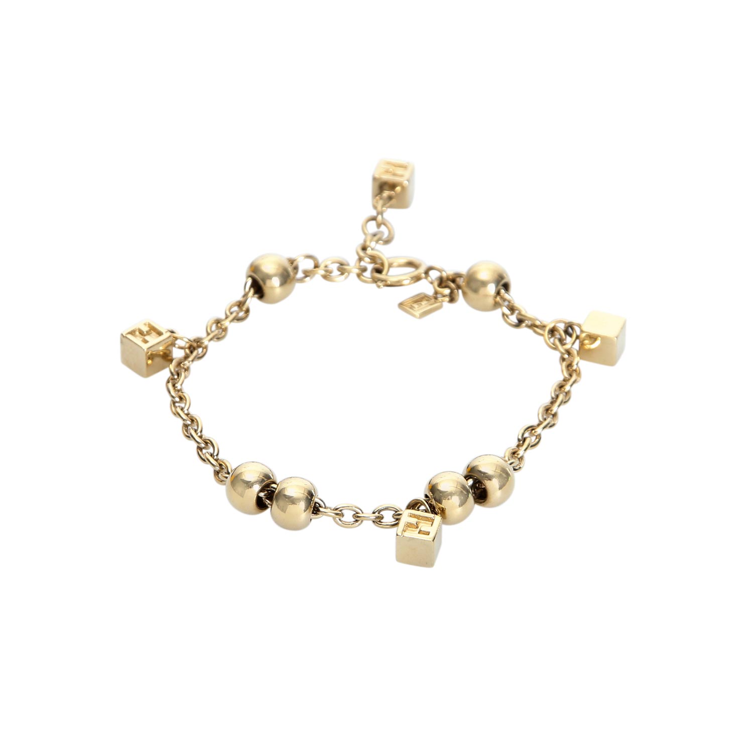 FENDI Modeschmuck-Armband.Goldfarbenes Gleiderarmband mit Perlen und quadratischen Anhänger,