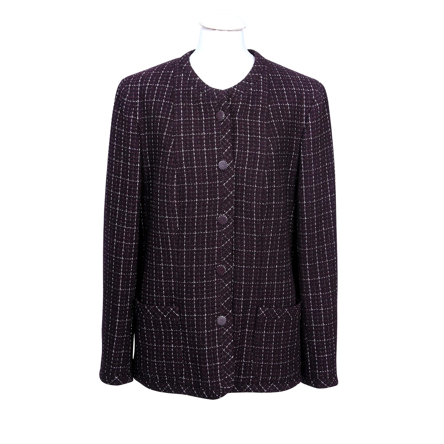 CHANEL klassische Jacke, Gr. 40;aubergine, Bouclématerial mit Silberlurex-Webkaro, schlichte