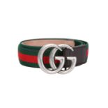 GUCCI klassischer Textilgürtel, Gr. 38,grün-rotes Elastikband mit braunen Lederenden und silberfarb.