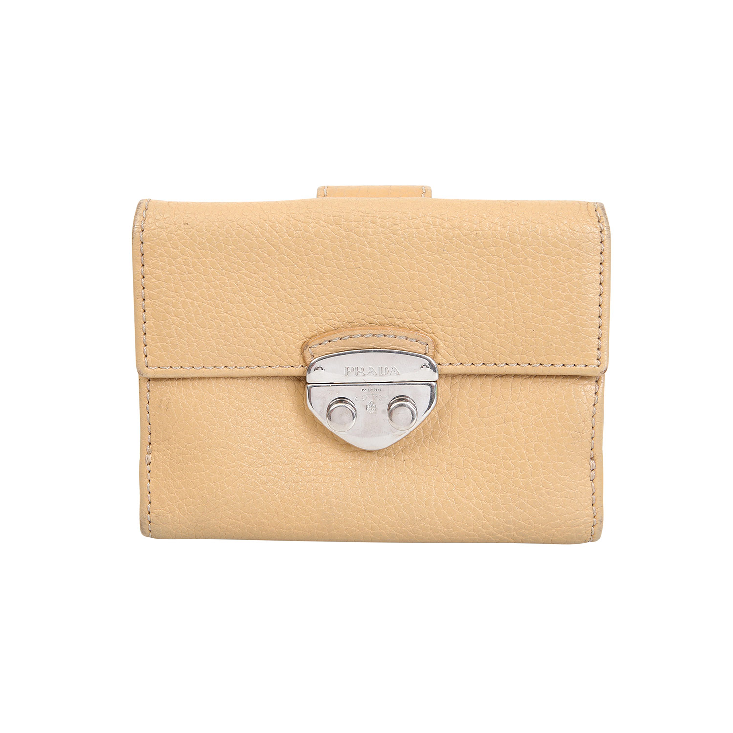 PRADA Portemonnaie.Softes Leder in Beige, silberfarbene Hardware, dekorativer Schnappverschluss