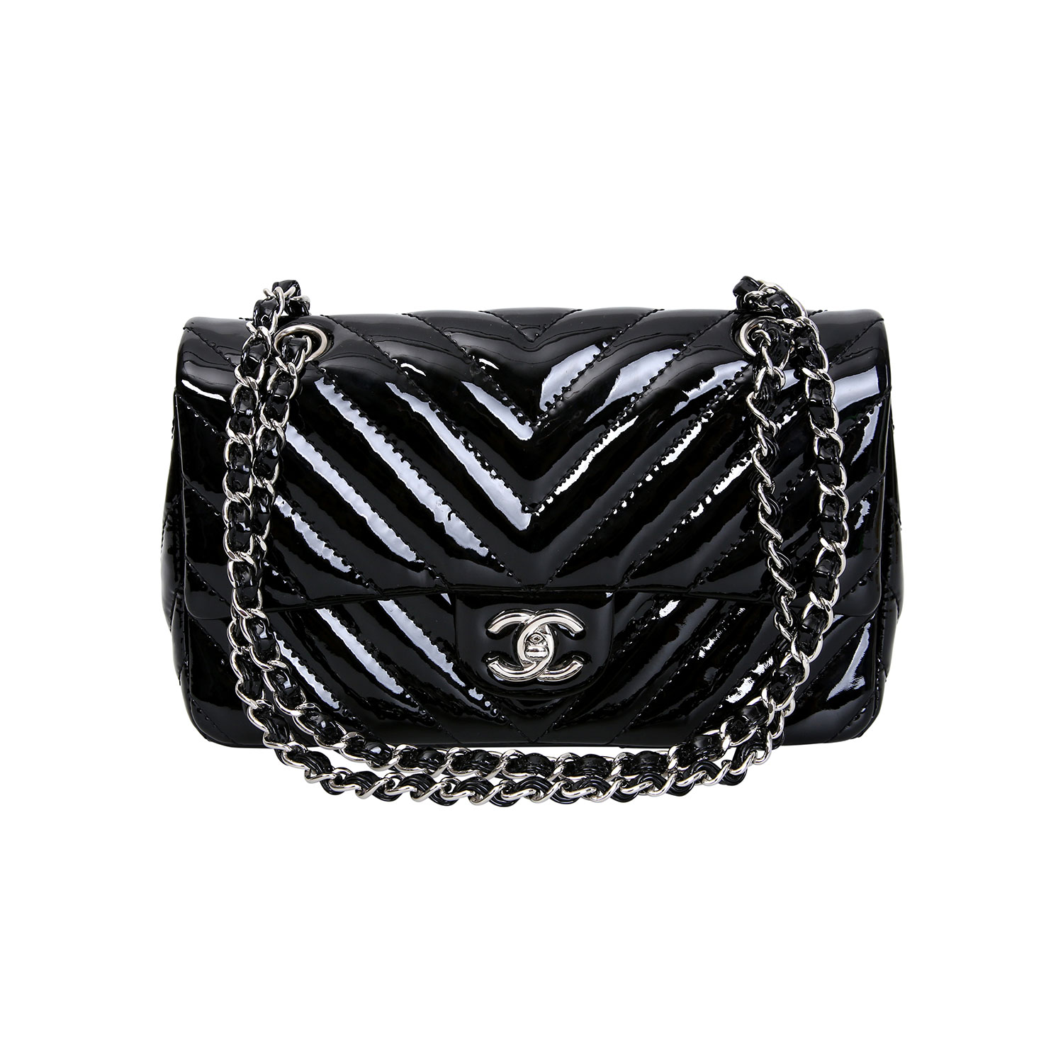 CHANEL Single Flap Bag, Koll. 2009/2010.Schwarzes Lackleder mit Couvert-Steppung, CC-Logo