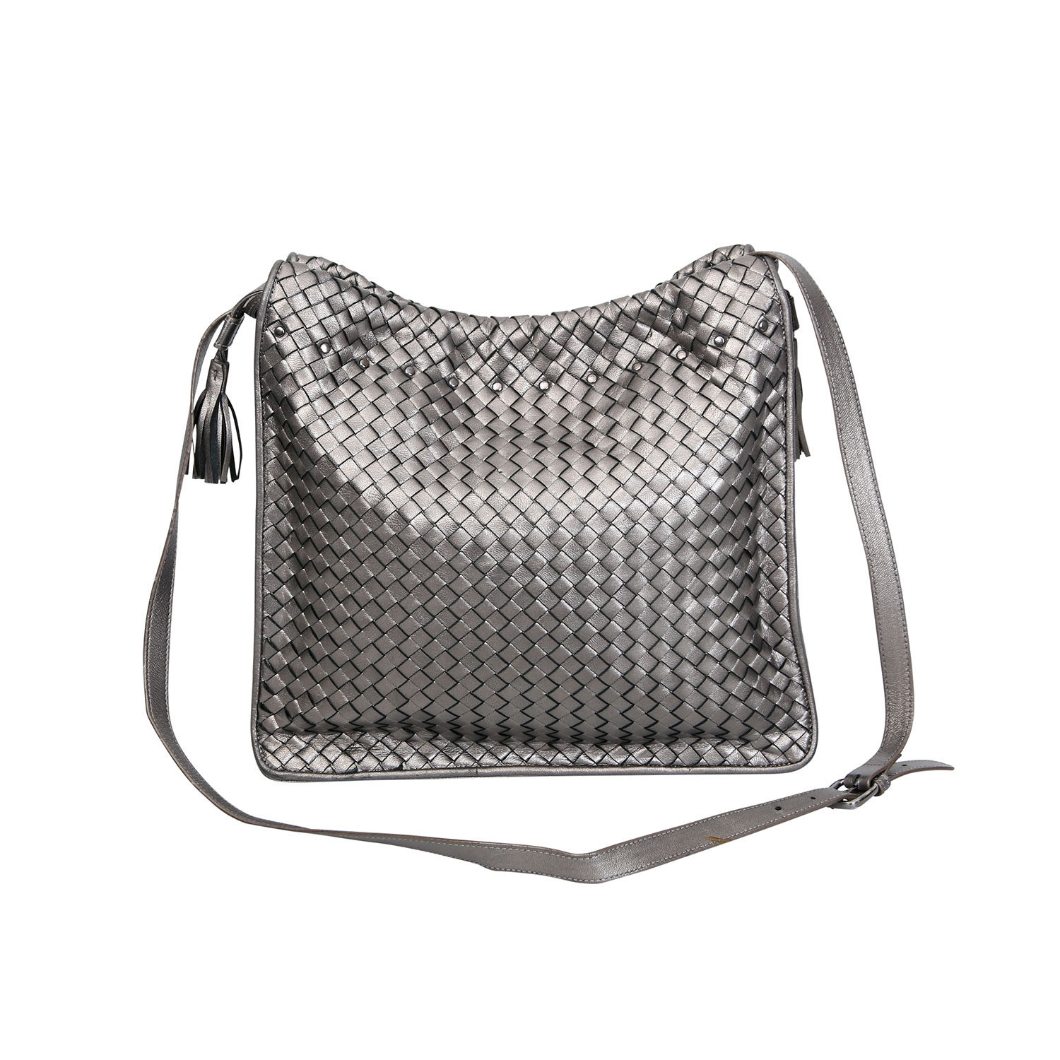 BOTTEGA VENETA Umhängetasche.Silber-Metallicfarbenes Leder im typischen Intrecciato Design,