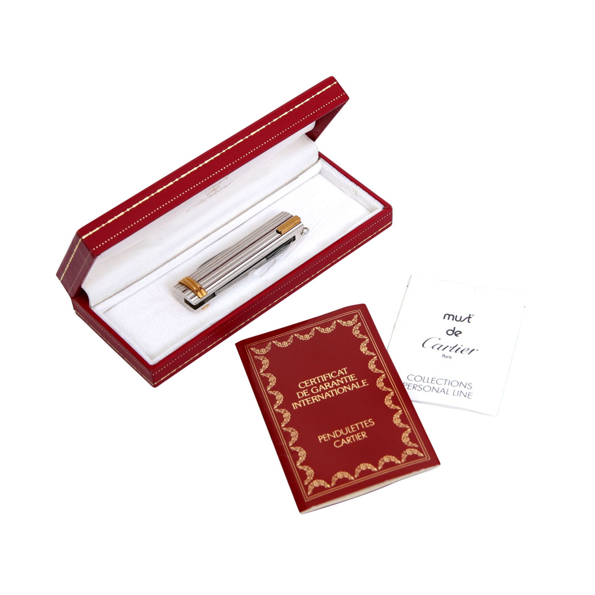 CARTIER Taschenmesser.Versilbert mit goldfarben Details, geriffelte Oberfläche, Schere, Nagelfeile - Bild 7 aus 7