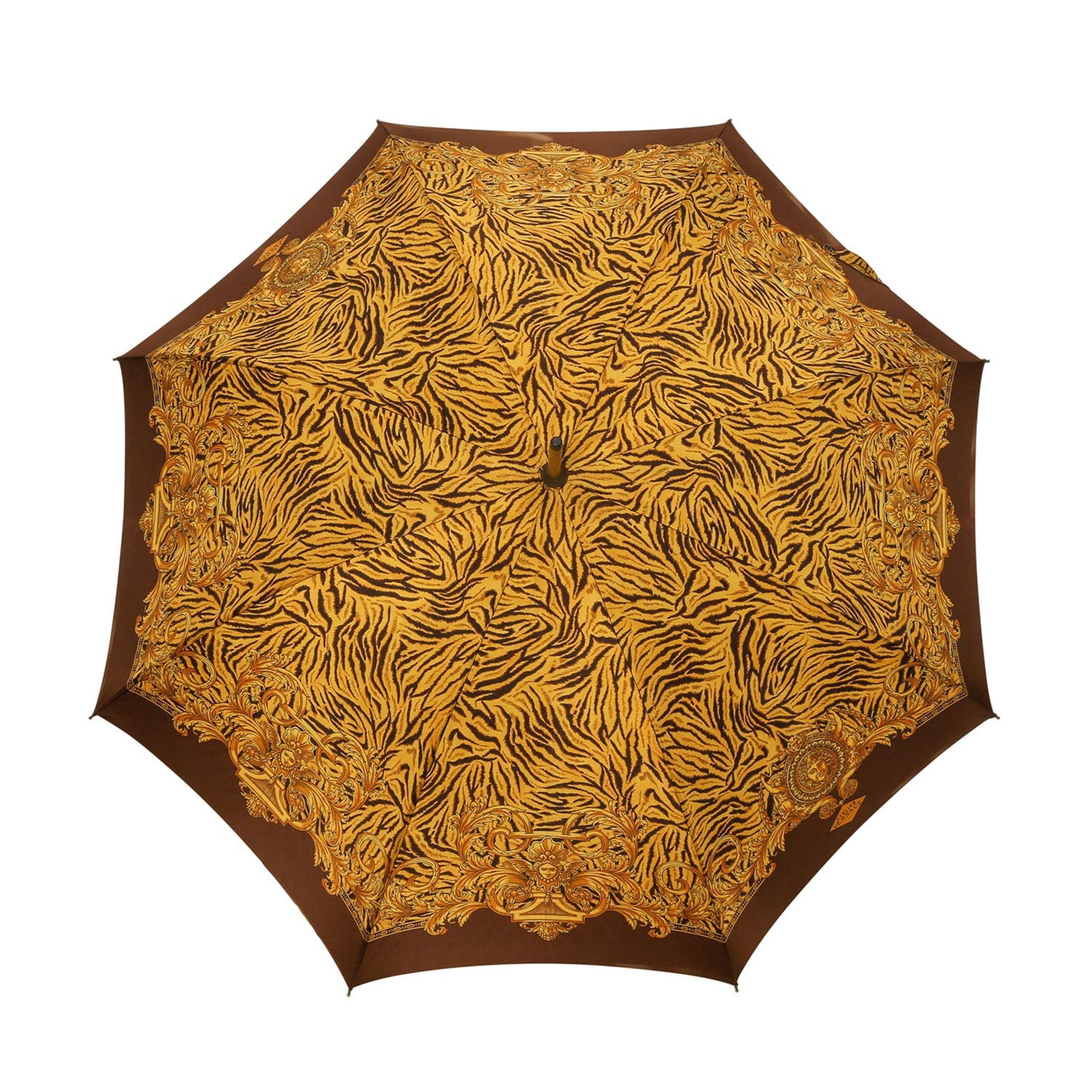 GIANNI VERSACE Regenschirm.Gold- und braunfarbener Tiger-Print mit goldfarbenen Barocken-