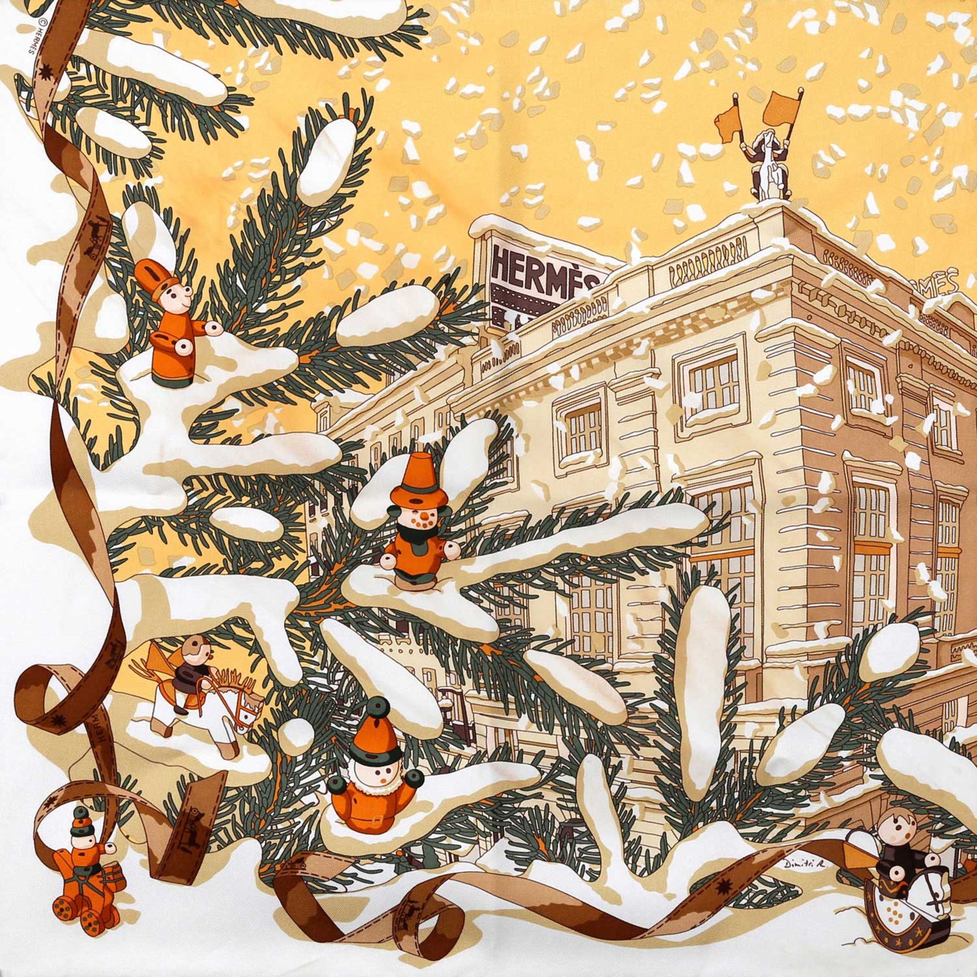 HERMÈS Seidencarré "NOEL AU 24 FAUBOURG-GAVROCHE".By Dimitri Rybaltchenko, Entwurf erstmals 2004