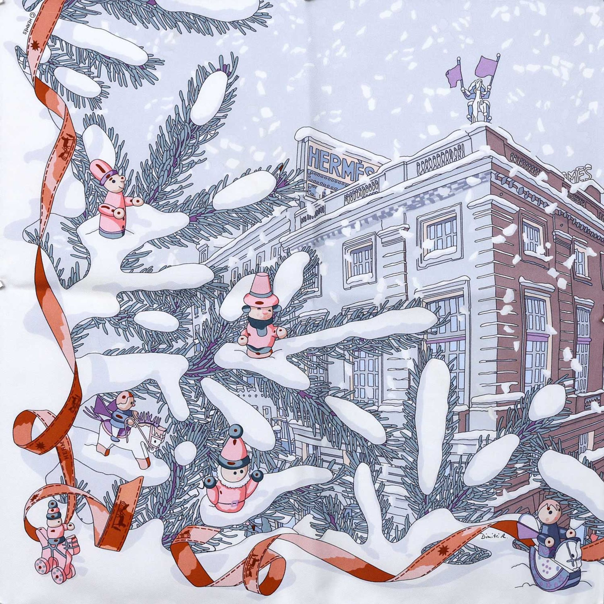 HERMÈS Seidencarré "NOEL AU 24 FAUBOURG-GAVROCHE".By Dimitri Rybaltchenko, Entwurf erstmals 2004