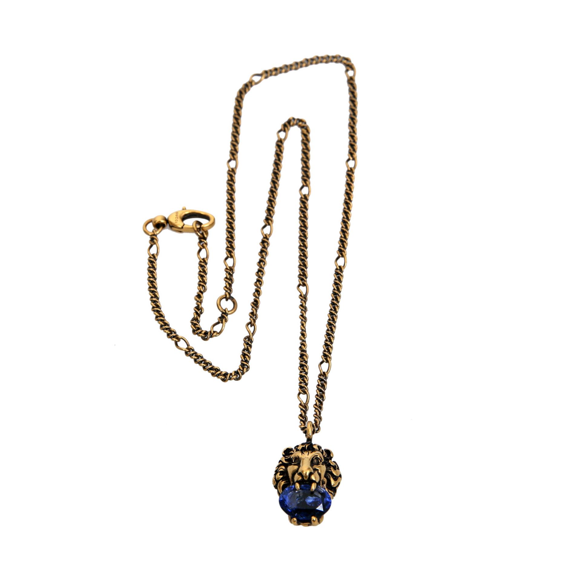 GUCCI Modeschmuck-Halskette.Gliederkette im Antikgold-Finish mit Löwenkopf-Anhänger und blaufarbenem