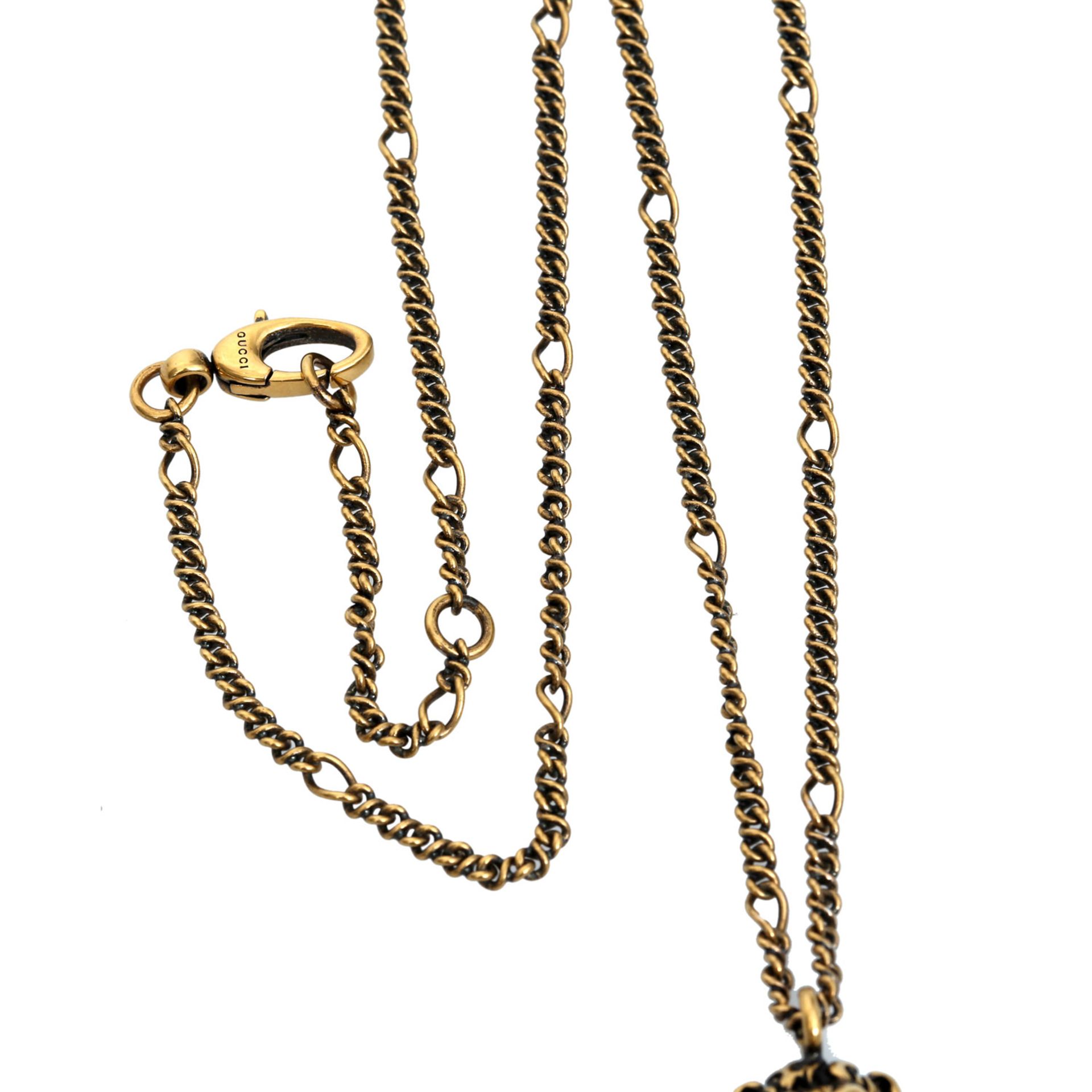 GUCCI Modeschmuck-Halskette.Gliederkette im Antikgold-Finish mit Löwenkopf-Anhänger und blaufarbenem - Bild 3 aus 3