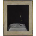 Julian Gordon Mitchell (British, b.1968), vase with single flower on white table cloth against a