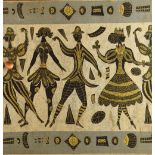 Mid 20th century printed textile laid down on board, depicting figures in grey, black and yellow,