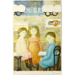 Antonio Bueno (Italian, 1918-1985). Print depicting three girls seated in a cafe. Signed to margin