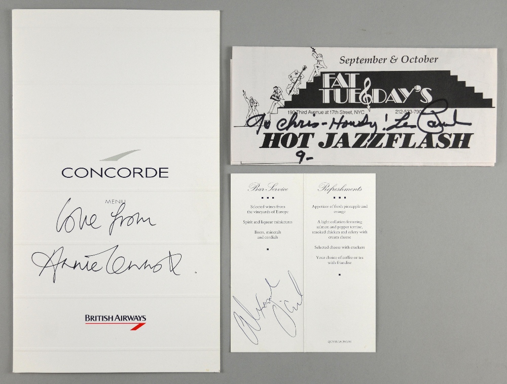 Annie Lennox signed Concorde British Airways Menu, signed 'Love From Annie Lennox', 6.5 x 12 inches,