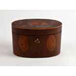 19th century mahogany oval shell inlaid tea caddy with hinged cover, 11cm x 17cm x 8cm,. General