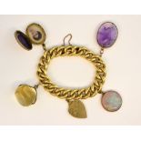 Victorian gold curb link chain bracelet, with a number of pendants, cabochon opal, gold heart