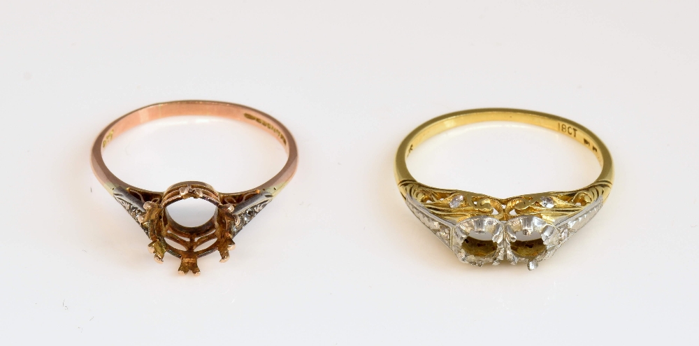 Two gold ring mounts, round six claw mount with stone set shoulders, in 9ct rose gold, ring size M