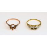 Two gold ring mounts, round six claw mount with stone set shoulders, in 9ct rose gold, ring size M