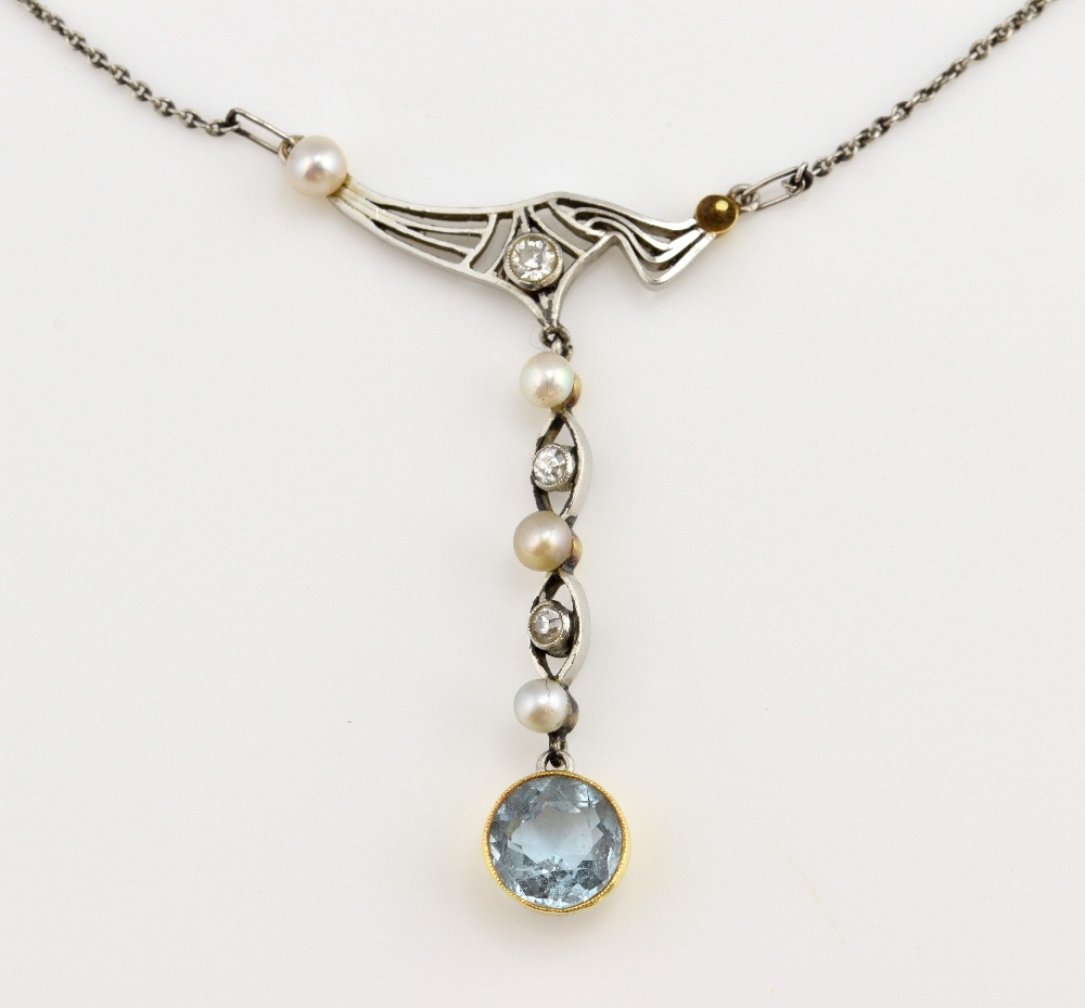 Edwardian old cut diamond aquamarine and pearl pendant, three old cut diamond and four pearls