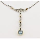 Edwardian old cut diamond aquamarine and pearl pendant, three old cut diamond and four pearls