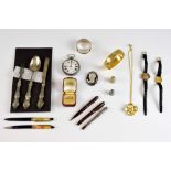 Mixed group of items, a ring set with small diamond, vintage pens, including Conway Stewart, watches