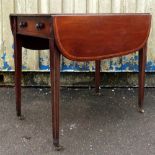 19th century mahogany Pembroke table on square tapering supports 84cm x 50cm x 72cm.