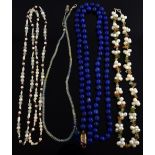 Four necklaces one Lapis lazuli with gold clasp tested as 9 ct , pearl and gem necklace, pearl and