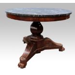 Circular mahogany and marble topped table on bulbous hexagonal column support, trefoil base and claw