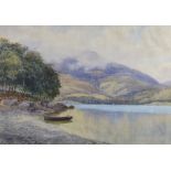 Frederick Charles Dixey (1877-1920), watercolour, boat moored on a lake, signed and dated 1950, 50cm