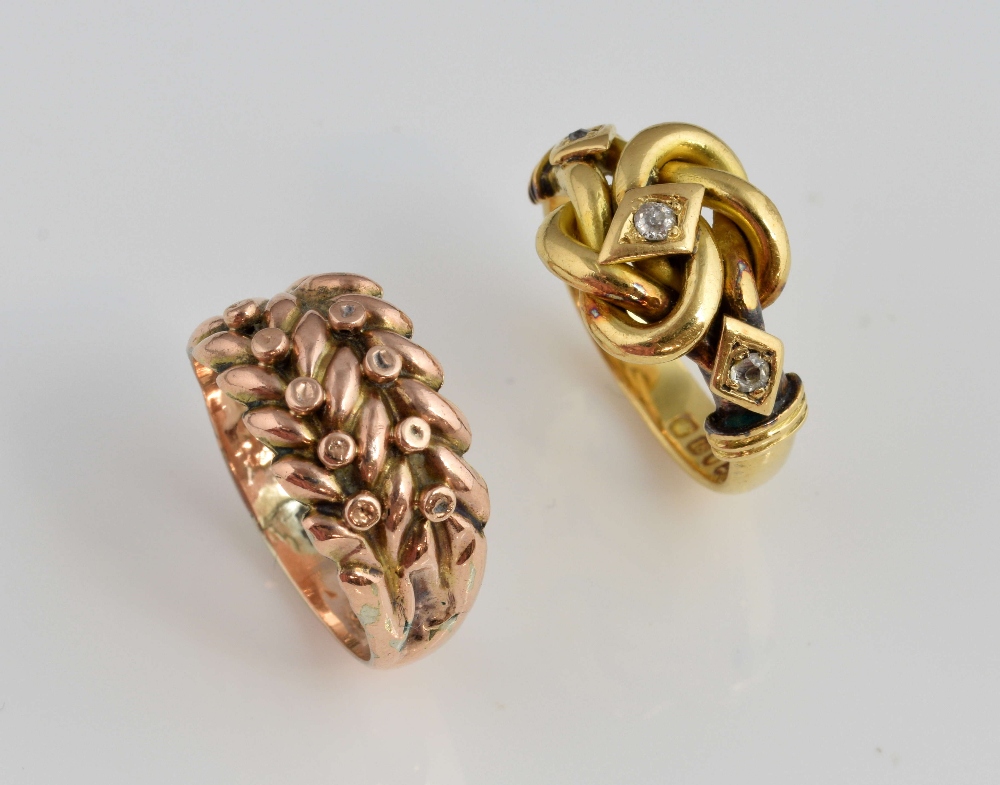 Two gold knot rings, three old cut diamonds mounted in knot motif, mounted in 18ct gold,