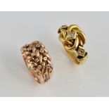 Two gold knot rings, three old cut diamonds mounted in knot motif, mounted in 18ct gold,