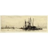 William Lionel Wyllie RA (British, 1851-1931) Drypoint etching, Fishing Boats At Anchor Unloading