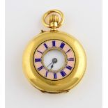 Half hunter pink enamel pocket watch, white dial with Roman numerals, mechanical movement, in 18