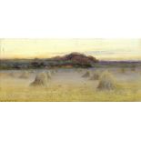 George Oyston (1860-1937), watercolour depicting fields of haystacks at sunset, signed and dated