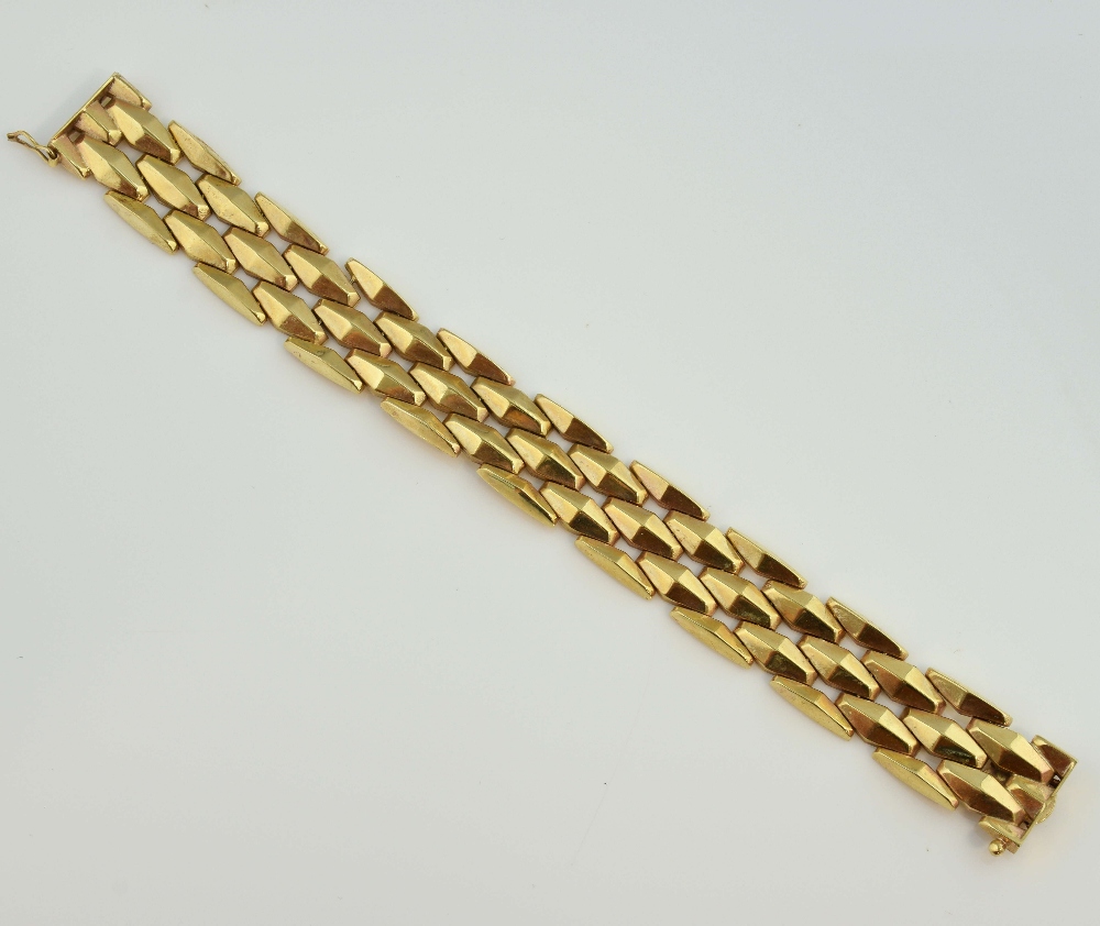 Vintage gold bracelet of articulated diamond form links, 9 ct . One link loose, 24 gramsmeasures
