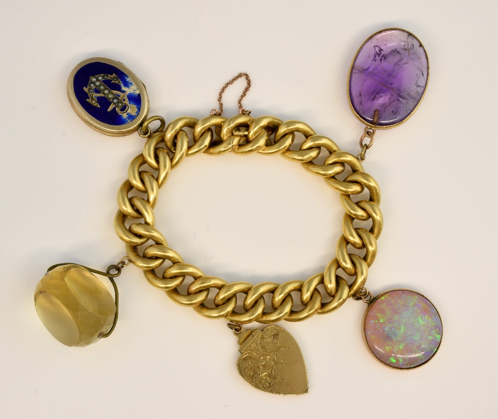 Victorian gold curb link chain bracelet, with a number of pendants, cabochon opal, gold heart - Image 2 of 2