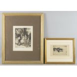 After Birket Foster ' The wandering Minstrel' print - 7 x 21 cm. and a dry point etching of two work