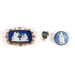 Two Wedgwood Jasper ware brooches, with pin and catch fitting, an opal triplet ring, size O, all