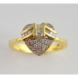 Gold heart form ring set with diamonds, round brilliant cut pave set diamonds, with eleven channel
