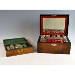 Gentlemans' walnut dressing table box, with green leather fitted interior bottles and jars with